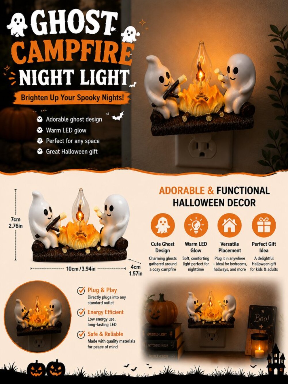 2 PCS Ghost Night Light with Campfire Design Kids room Decor Gift Spooky plug-in